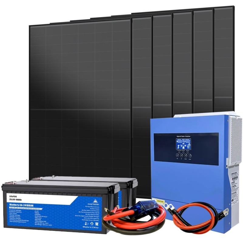 Kit Fotovoltaico 24V 2700W Inverter 4kW 230V e Batterie LiFePo4 5.12kWh Off Grid Baita Casa Isolata