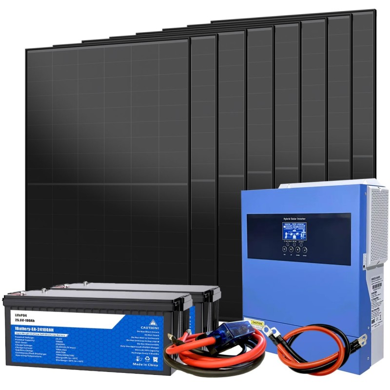 Kit Fotovoltaico 24V 3600W Inverter 4kW 230V e Batterie LiFePo4 5.12kWh Off Grid Baita Casa Isolata