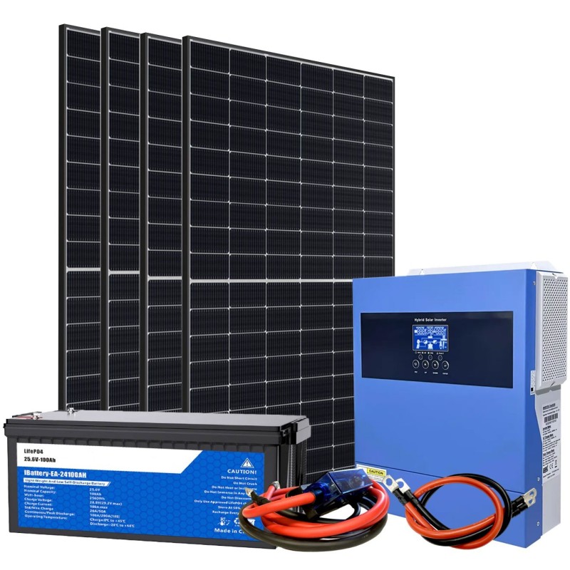 Kit Fotovoltaico 24V 2000W Inverter 4kW 230V e Batterie LiFePo4 2.56kWh Off Grid Baita Casa Isolata