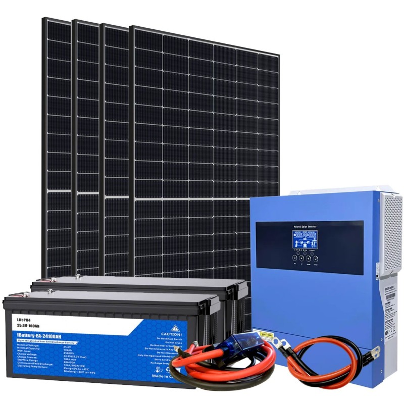 24V 2000W Photovoltaic Kit with 4kW 230V Inverter and 5.12kWh LiFePo4 Batteries Off Grid Isolated House Cabin