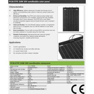 Pannello Solare Fotovoltaico 50W 39V Semi-Flessibile Off-Grid PCB-ETFE
