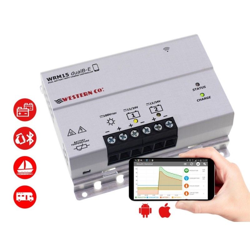 Regolatore MPPT 15A WRM15 DualB-E: dual battery 12-24V