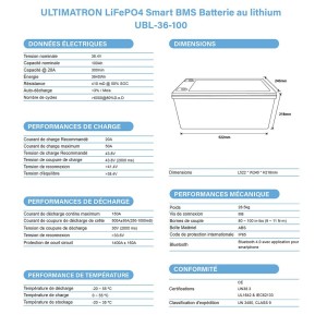 Ultimatron LiFePO4 36V 100Ah UBL-36-100 Batteria al Litio Smart BMS Bluetooth