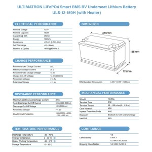 Ultimatron LiFePO4 12V 150Ah ULS-12-150H Lithium Battery BMS Smart Bluetooth Camper Van