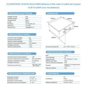 Ultimatron LiFePO4 12V 200Ah ULM-12-200H Batteria al Litio BMS Smart Bluetooth Camper (iva 10)