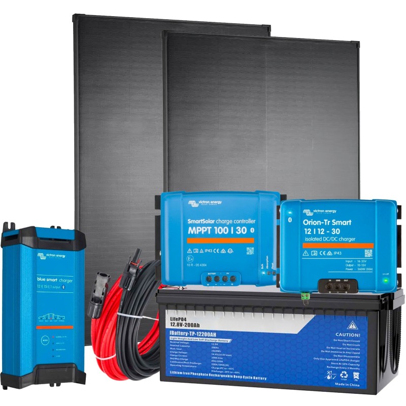 Camper Boat Kit N0 All 12V 400W + LiFePO4 200Ah + SmartSolar MPPT 100/30 + Cable Kit Storage 2560Wh