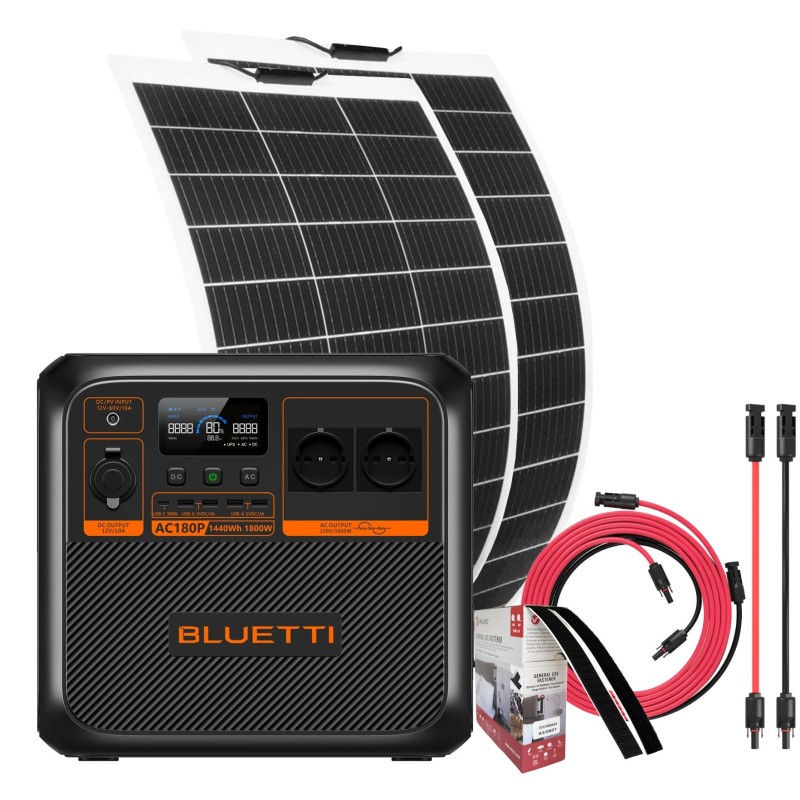 Bluetti AC180P + 2 Pannelli Flex 150W + Kit Connessione 5mt Power Station Premium Portatile 1440Wh 1800W