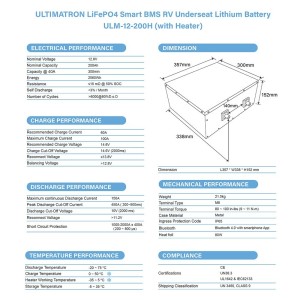 Ultimatron LiFePO4 12V 200Ah ULM-12-200H Batteria al Litio BMS Smart Bluetooth Camper (iva 22)