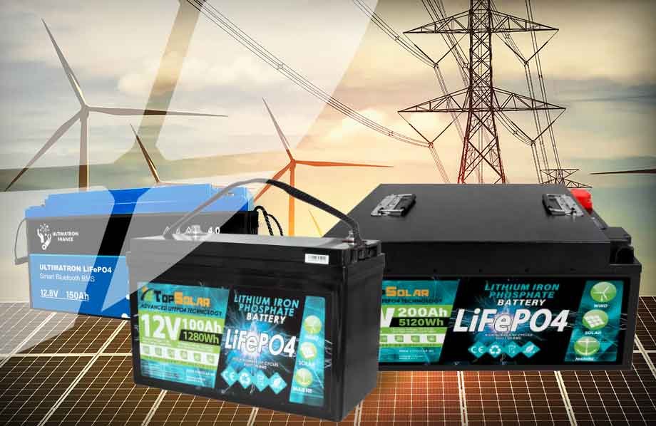 Aziende batterie LiFePO4 in primo piano con pannelli solari e linee elettriche sullo sfondo, evidenziando una batteria lifepo4 migliore per camper e nautica