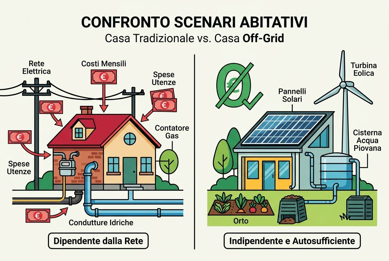 Confronto scenari abitativi: casa tradizionale vs. casa Off-Grid, evidenziando separatore tra rete e sistemi indipendenti.