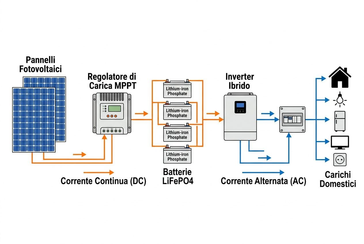 Diagramma di sistema off-grid: pannelli fotovoltaici, controllore MPPT, batterie LiFePO4, inverter ibrido e carichi domestici, con flussi di energia DC e AC.