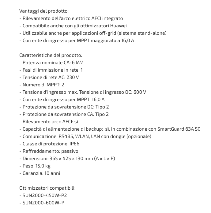 Elenco caratteristiche e vantaggi del prodotto: dettagli su arco AFCI, compatibilità Huawei, specifiche elettriche e dimensioni dell inverter Huawei SUN2000-LB0, in linea con la guida ai modelli.