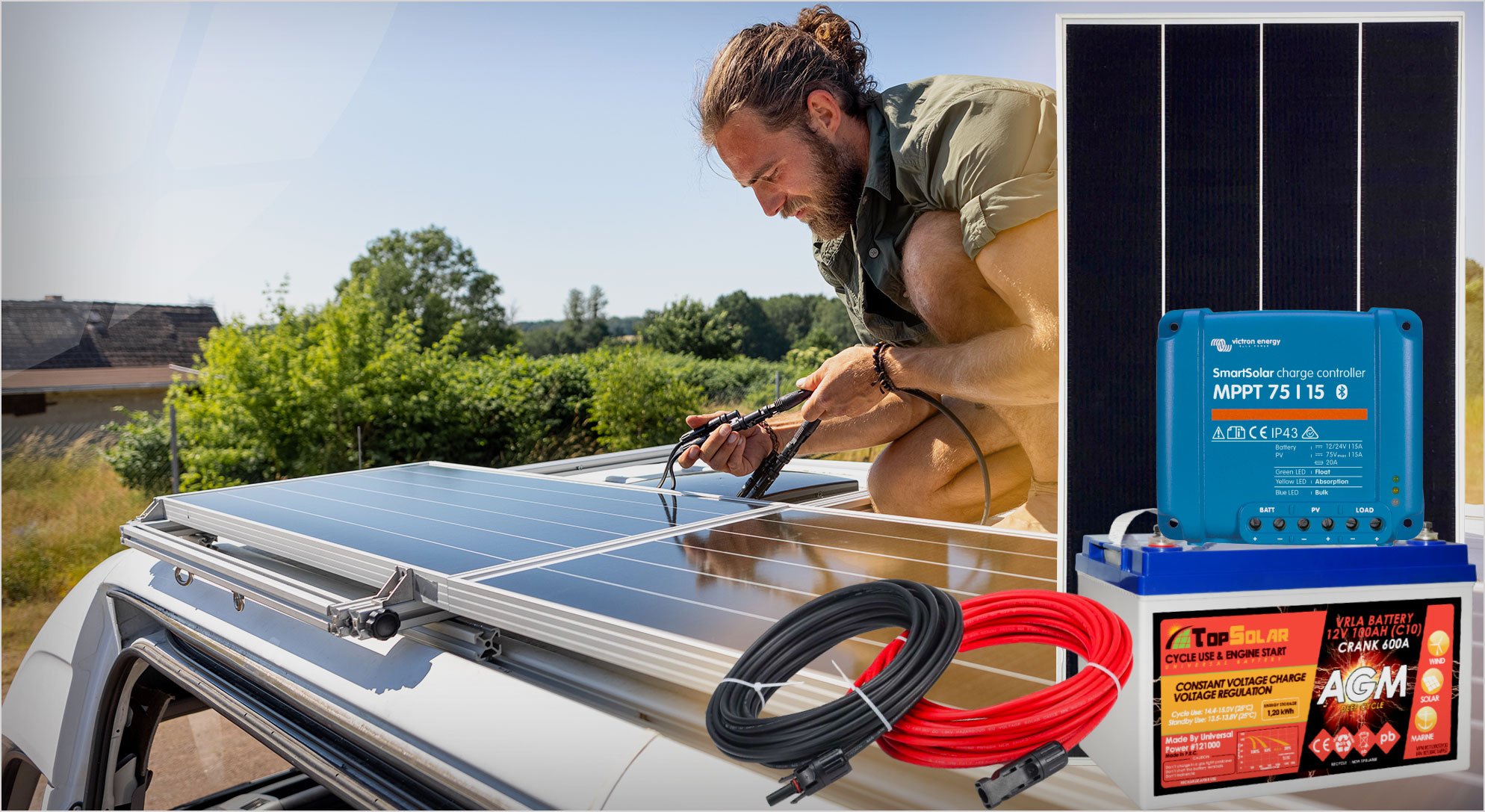 Generatore solare montato su tetto con cavi e inverter; include modulo fotovoltaico e kit di cablaggio per sistemi di energia solare off grid. differenza tra on grid e off grid integrata naturalmente.