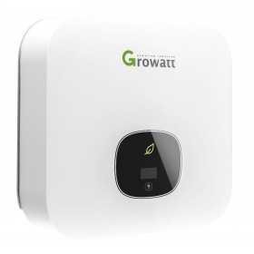 Inverter Growatt bianco con schermo nero centrale, ante lisce e logo verde Growatt, design compatto per impianti fotovoltaici.