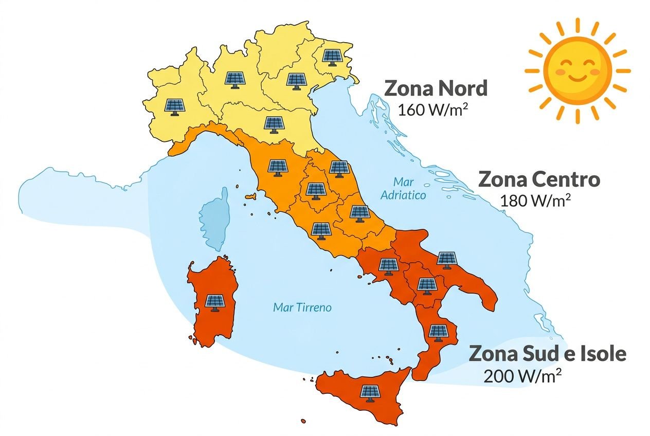 Mappa dell’Italia con zones solari: zona Nord 160 W/m², zona Centro 180 W/m², zona Sud e Isole 200 W/m², icone fotovoltaiche e sole. come funziona l'energia solare.