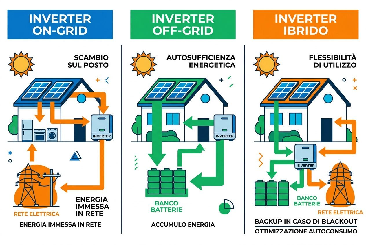 Tre pannelli informativi su inverter: ON-GRID, OFF-GRID e IBRIDO, con casa con impianto fotovoltaico e icone energetiche. integra: miglior inverter ibrido
